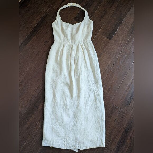 Vintage Laura Ashley 90s 100% Linen Cream White Halter Sundress Midi Size 6 - Picture 1 of 8